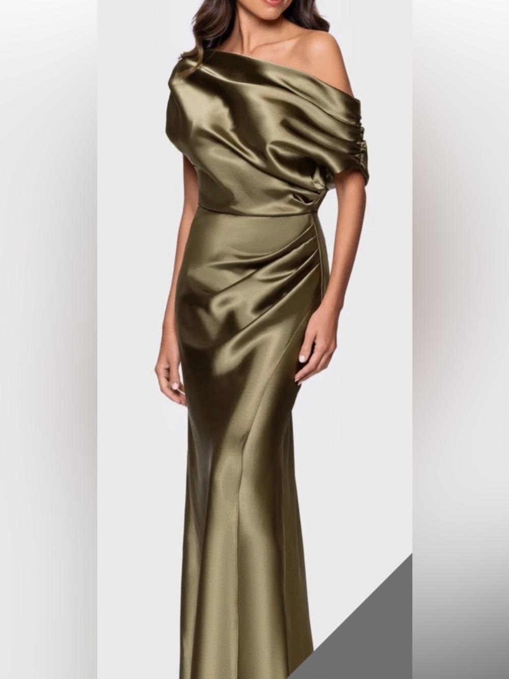 Betsy & Adam Olive One-Shoulder Satin Gown
